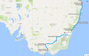Map of our driving route showing the stops we made.