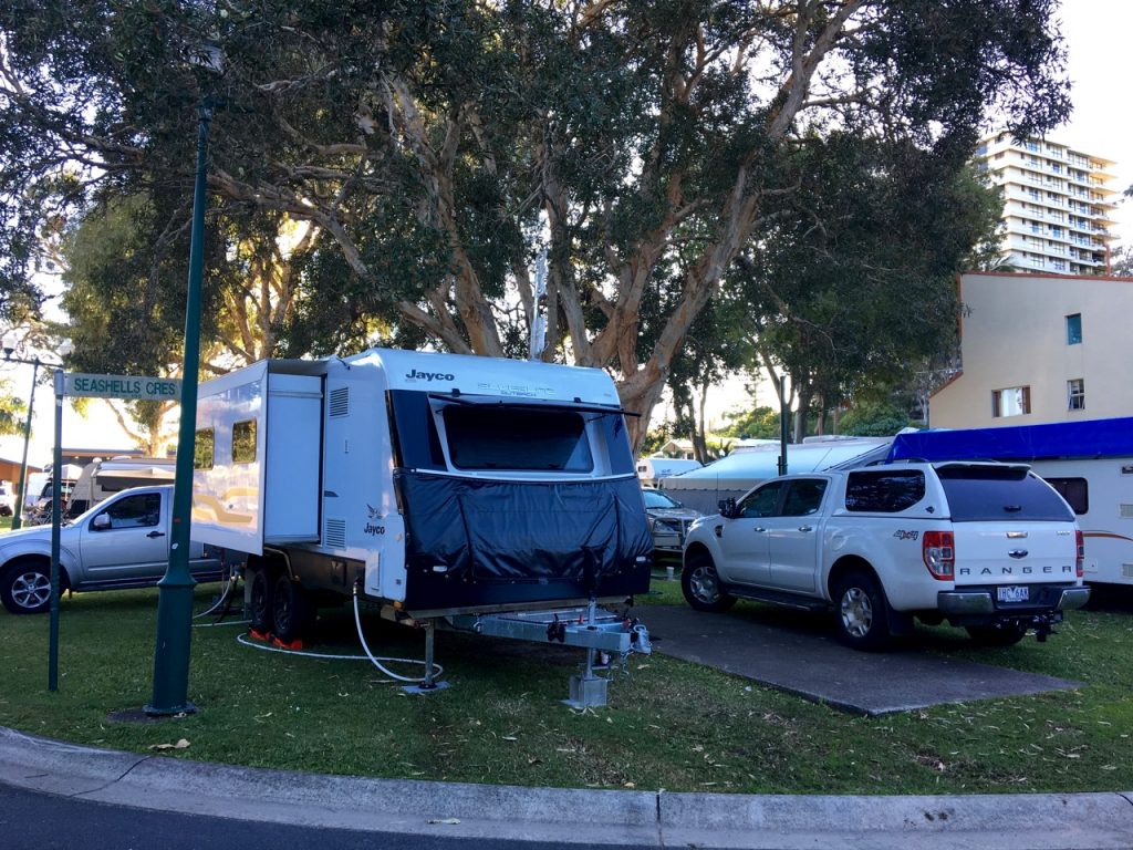 We need a shoehorn to back into this little site at Burleigh with a tree on one side, our water tap at the rear and a lamppost on the other side.