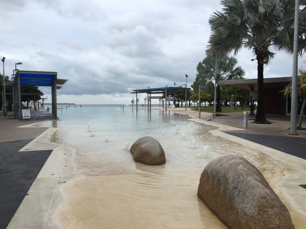 The lagoon at the foreshore is the only safe place to swim at the Cairns waterfront.