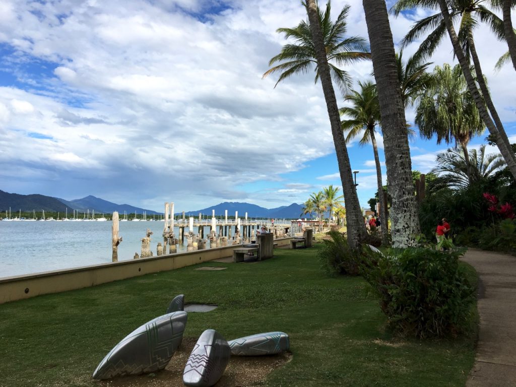 The wharf is punctuated by aboriginal sculptures.