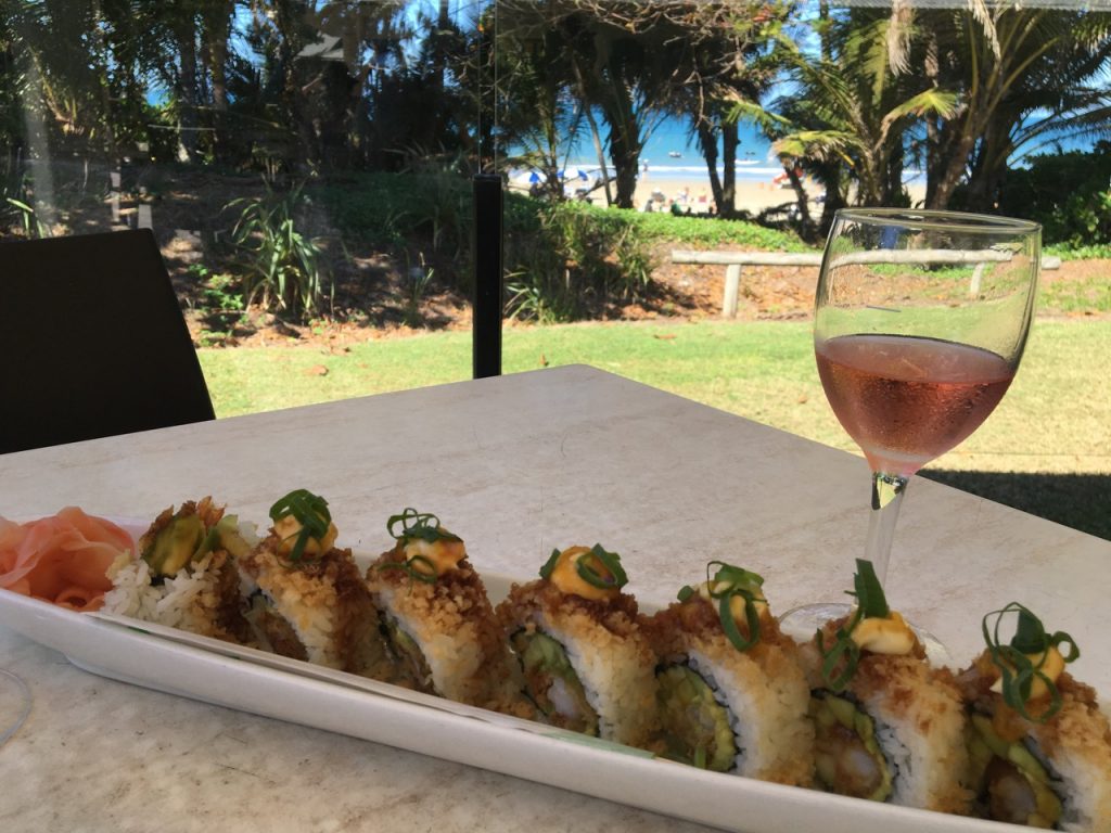 Tempura tiger prawn crunchy sushi roll with avo, mango salsa & kabayaki sauce at the Surf Club...$16.