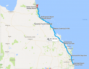 The route we drove to Cairns showing the overnight stops we made.