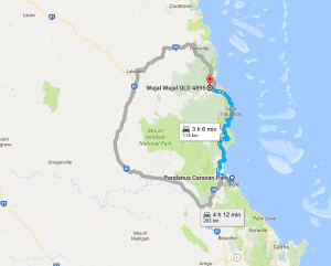 This map shows the options to get to Cape Tribulation in the Daintree. The blue line is much shorter in distance but not that much shorter in time.