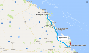 Our route from Airlie Beach through Sarina, Cape Palmerston and on to Yeppoon.