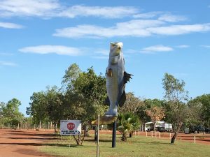 The Big Barra graces the entry to a caravan park.