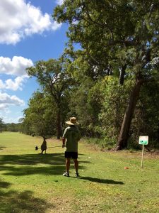 Both of us had to drive over this kangaroo that was sitting on the tee and wouldn't move.