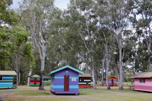 These looking like the Brighton Beach bathing boxes transplanted to Elanda Point on Lake Cootharaba.