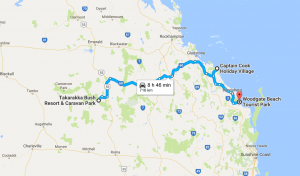 Our route from Carnarvon Gorge to 1770 then to Woodgate Beach